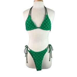 Green Terry Cloth String Bikini Women Medium Checkerboard Textured Cheeky Spring